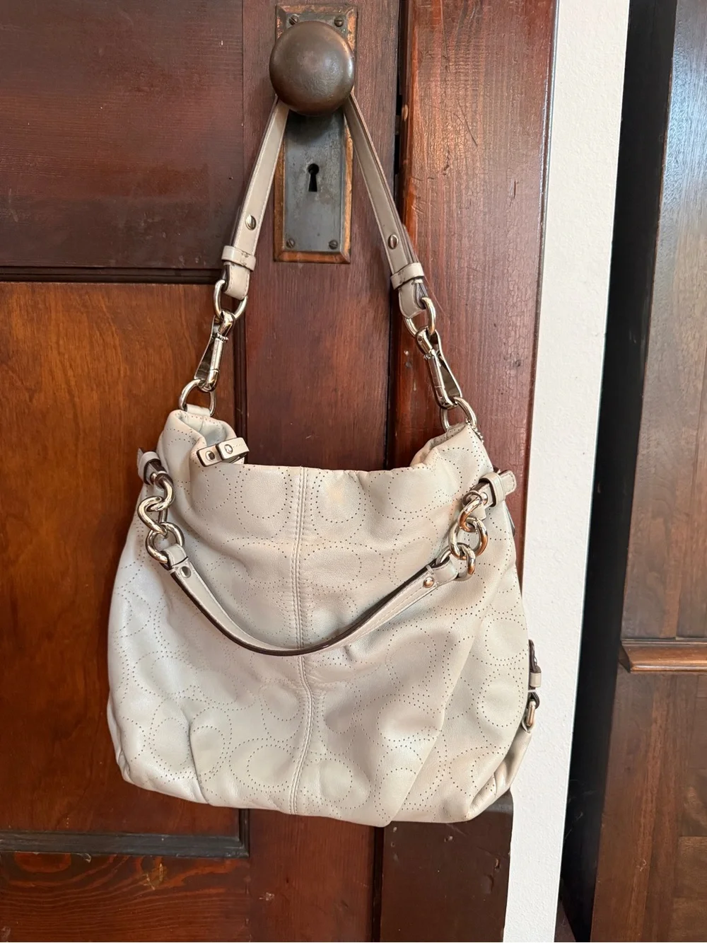 Coach Brooke Perforated C Learher Silver/Light Gray Shoulder Bag #F16908